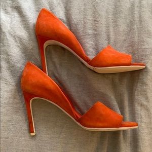 Vince orange suede open toe pumps